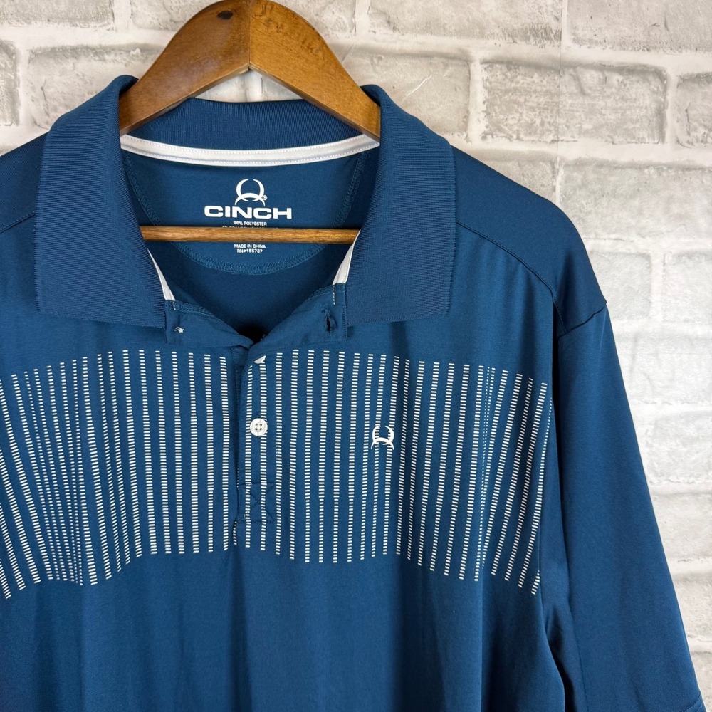 Cinch Mens XXL Performance Polo Shirt Blue Geometric Stripe Short Sleeve Stretch